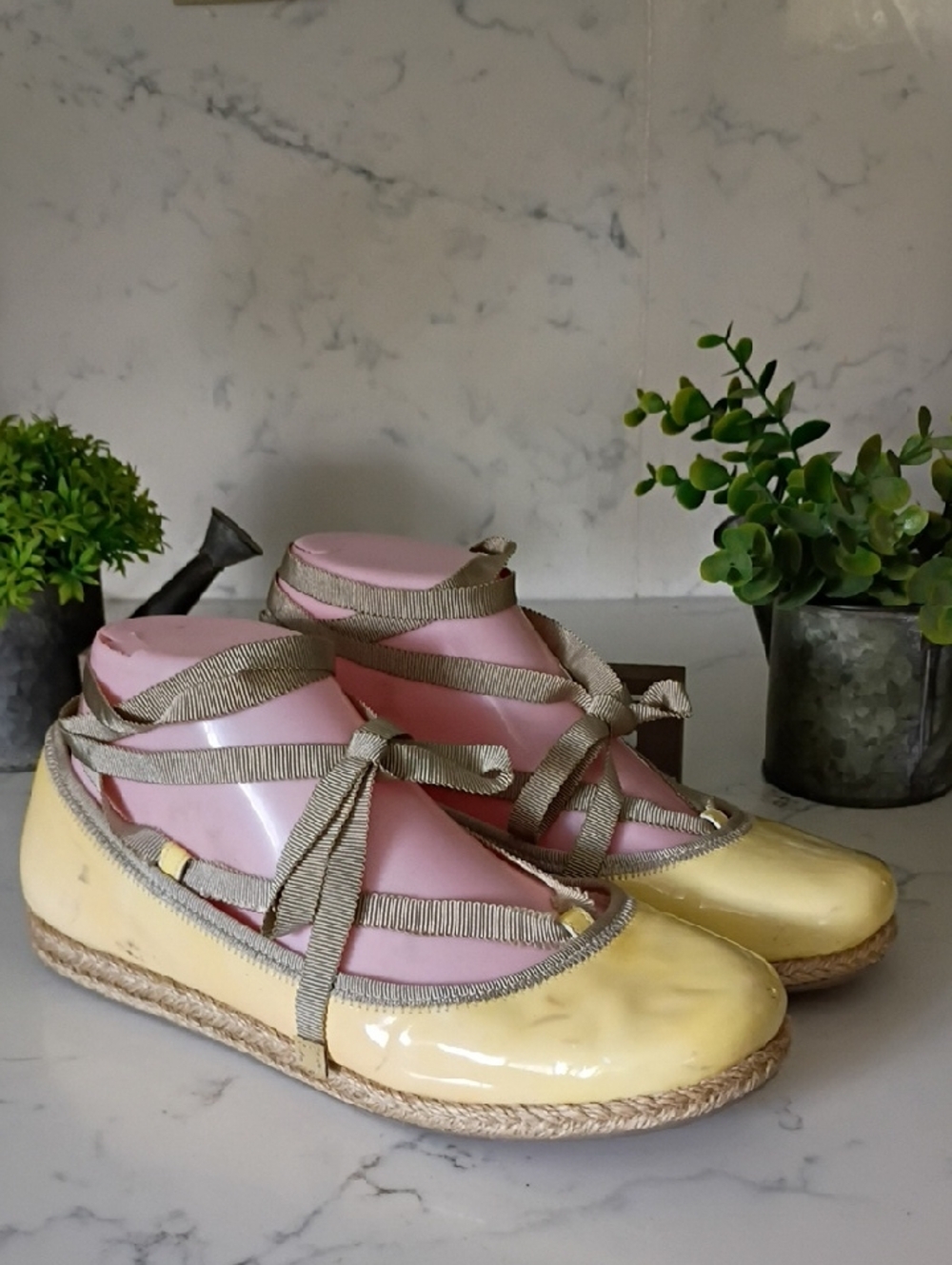 PRADA Yellow Patent Espadrille Ballet Flats with Ribbon Ties